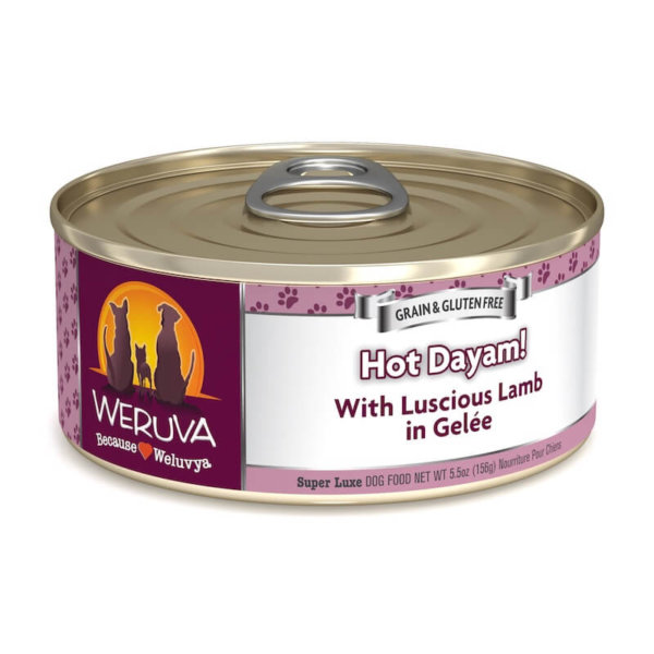 Image of tin of Weruva Classic dog food - Hot Dayam recipe with lamb and mackerel