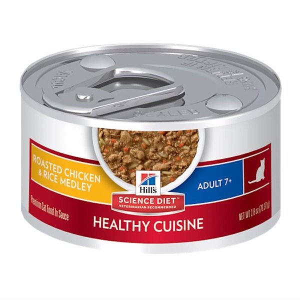 Hills Science Plan image of tin of cat food for cats older than 7 years, chicken and rice recipe